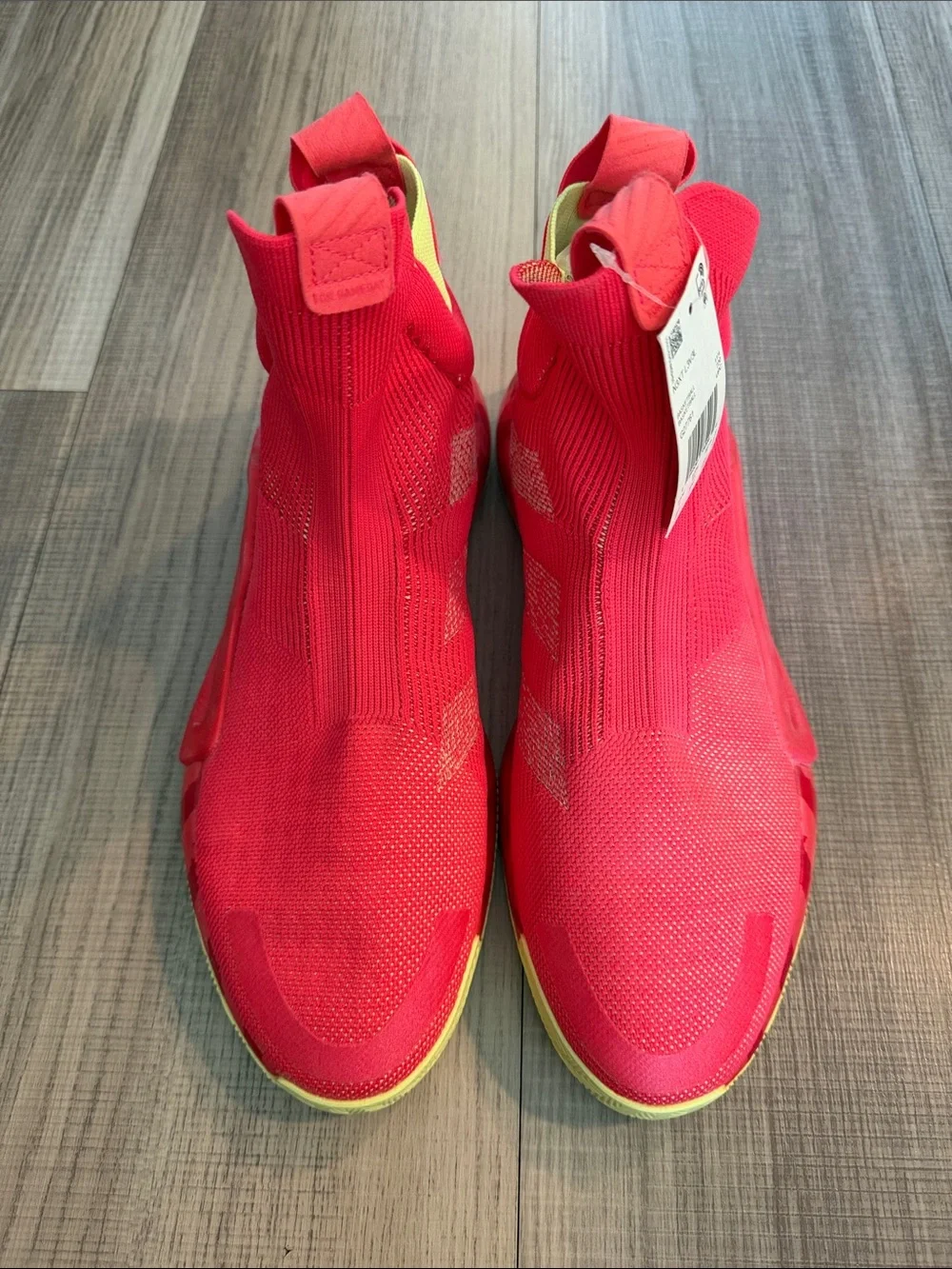 adidas Red Knit Slip-On High-Top Athletic Sneakers with Yellow Accents